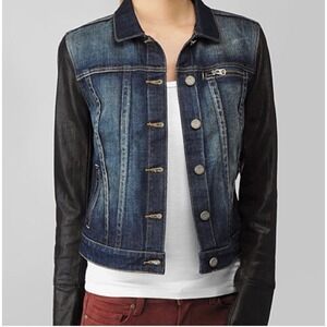 Paige Lenny Denim Trucker Jacket Coated Sleeves Sz S Blue Black Mixed Media Edgy